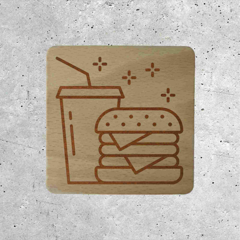 Signalétique en Bois Fast Food - Icône Burger et Soda 